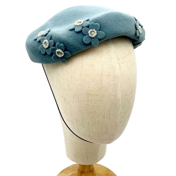 Vintage 1950s BB Ruth Velour Beret Hat Slate Blue Floral Applique Pearl Studded - Picture 3 of 16